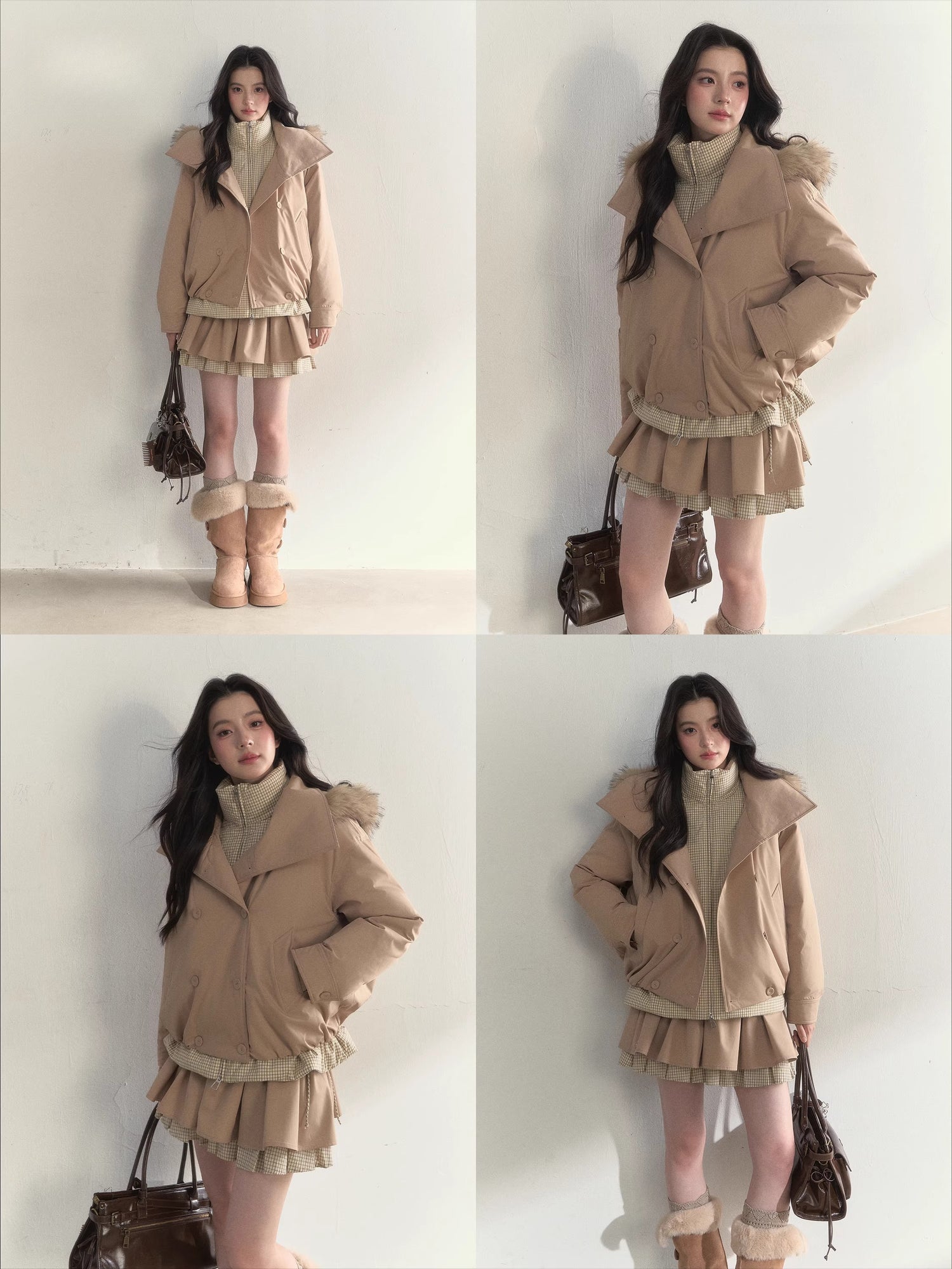 Double-Breasted Plaid Faux-Layered Paperbag Down Parka