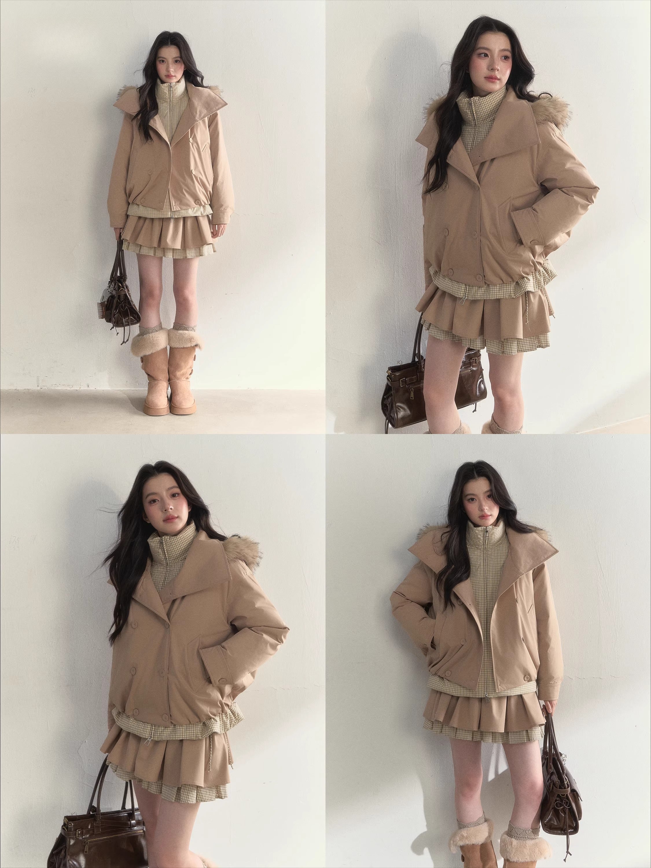 Double-Breasted Plaid Faux-Layered Paperbag Down Parka