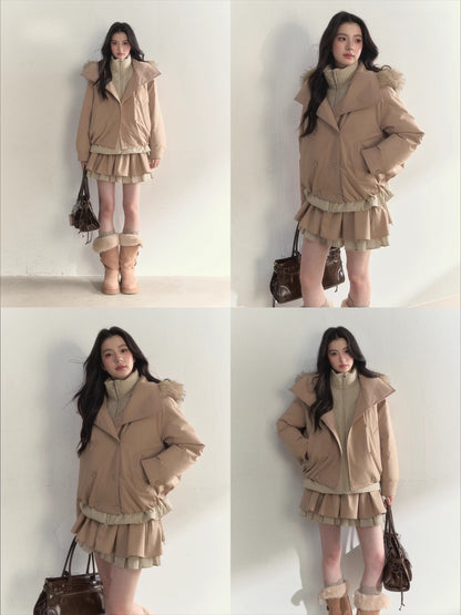 Double-Breasted Plaid Faux-Layered Paperbag Down Parka