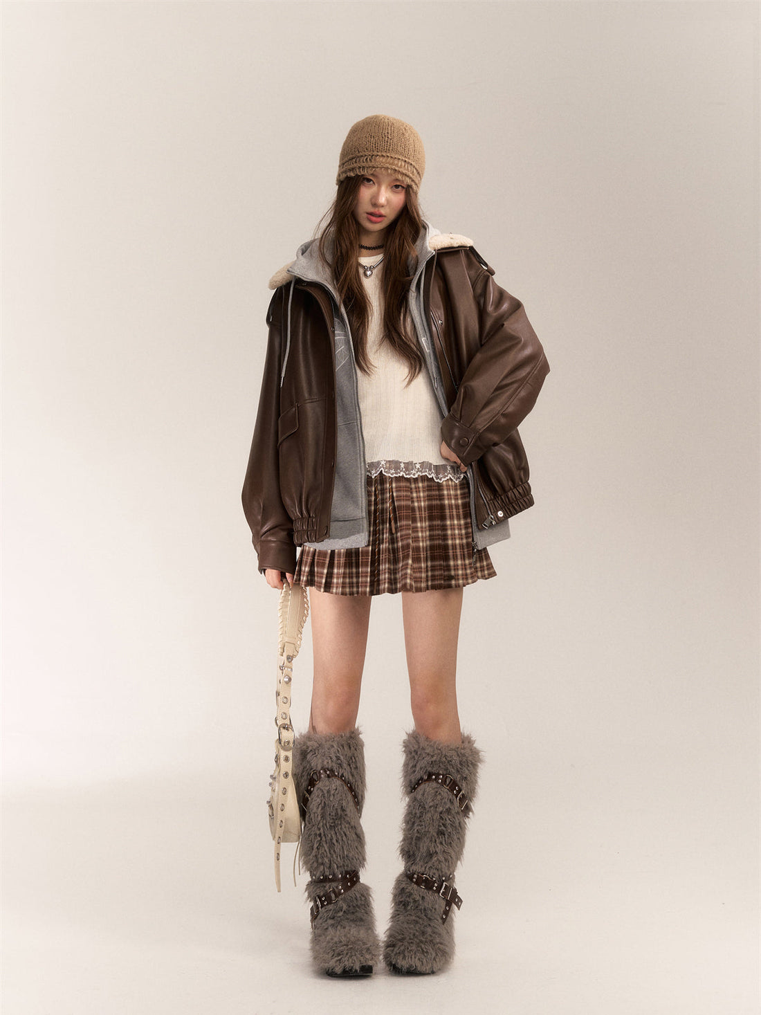 Faux Leather & Shearling Down Jacket