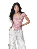 Pink & Yellow & Black Fitted Plaid Square Neck Top