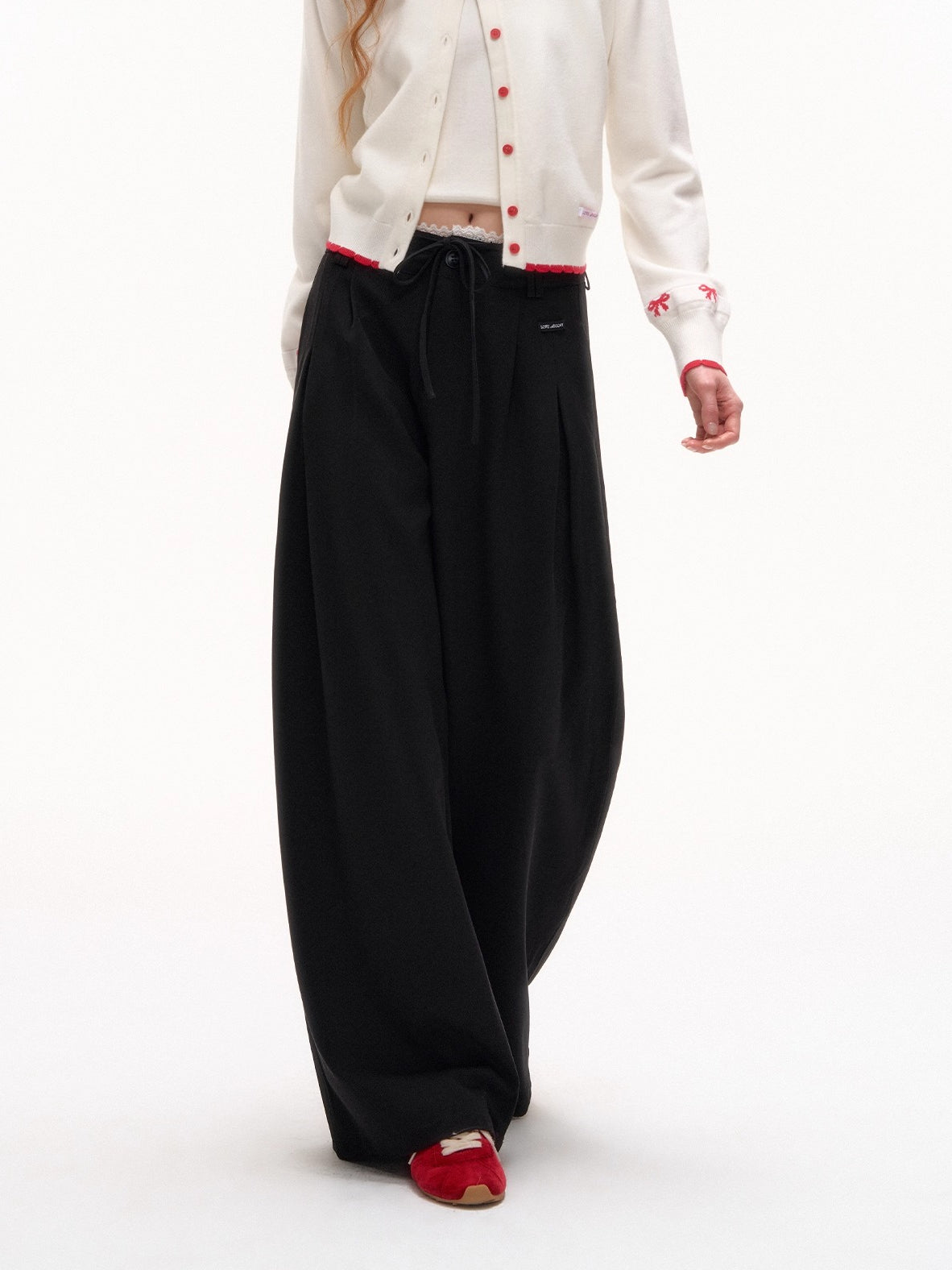 Lace-Trim Waist Tie Wide-Leg Pants