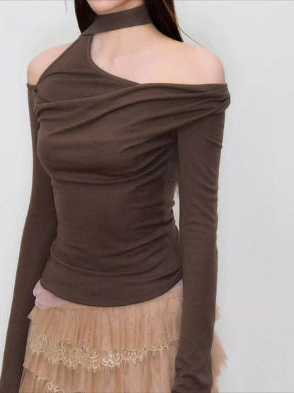 Asymmetrical Ribbon Off-Shoulder Knit Tee