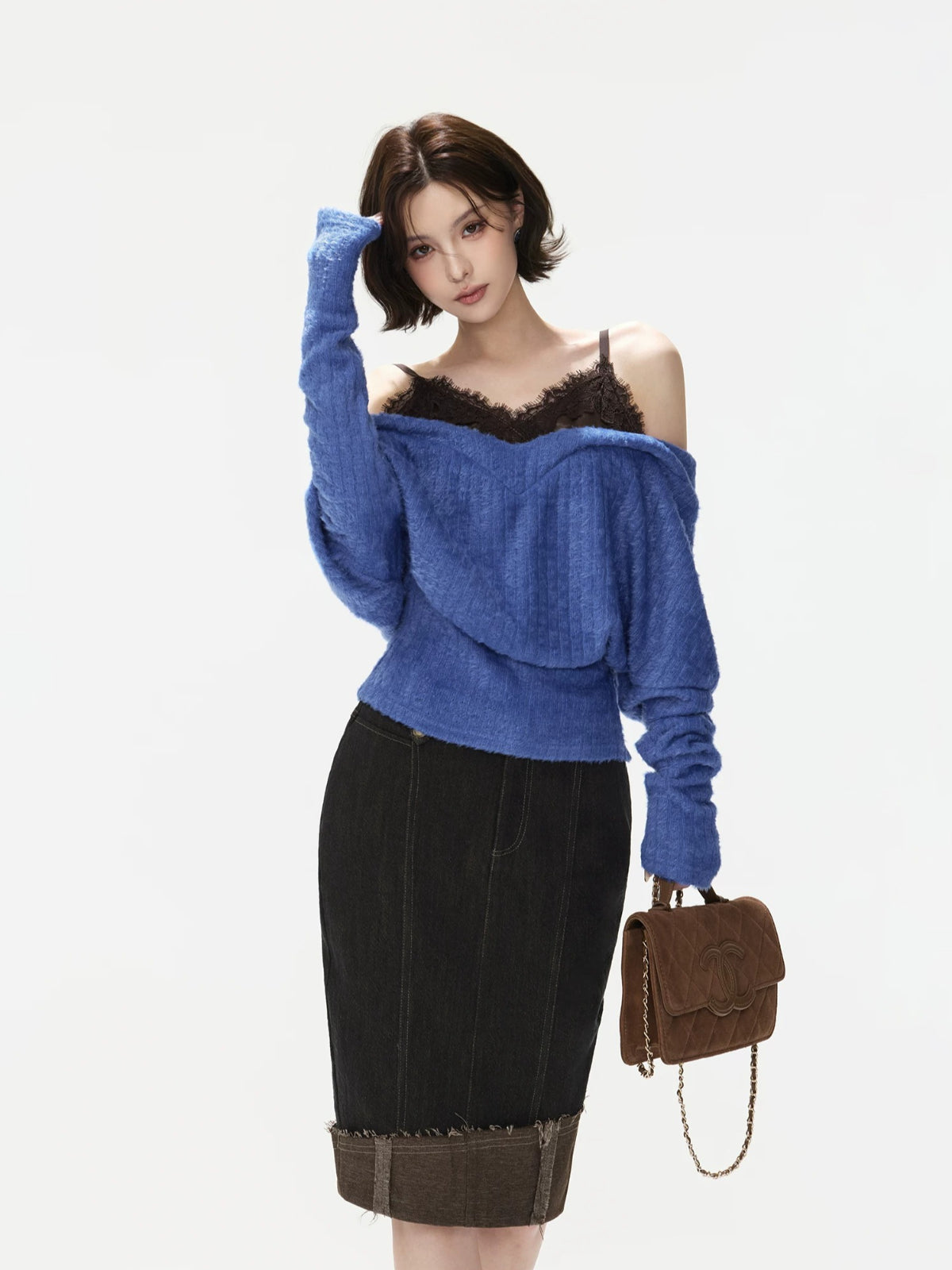 Lace Camisole Layered Fuzzy Knit Sweater
