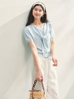 Lace Spliced V-Neck Knitted T-Shirt