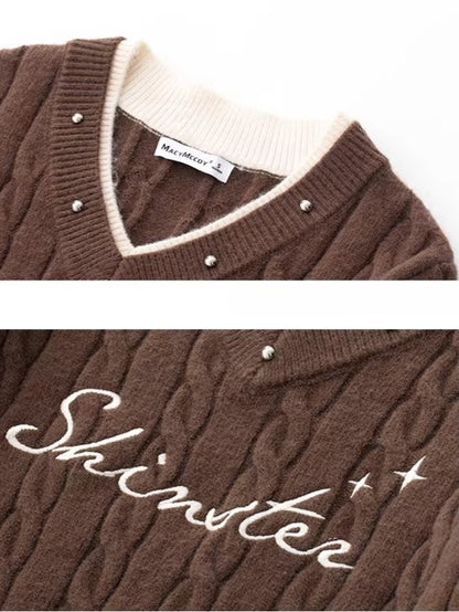 Color Block Stripes V-neck Embroidered Sweater