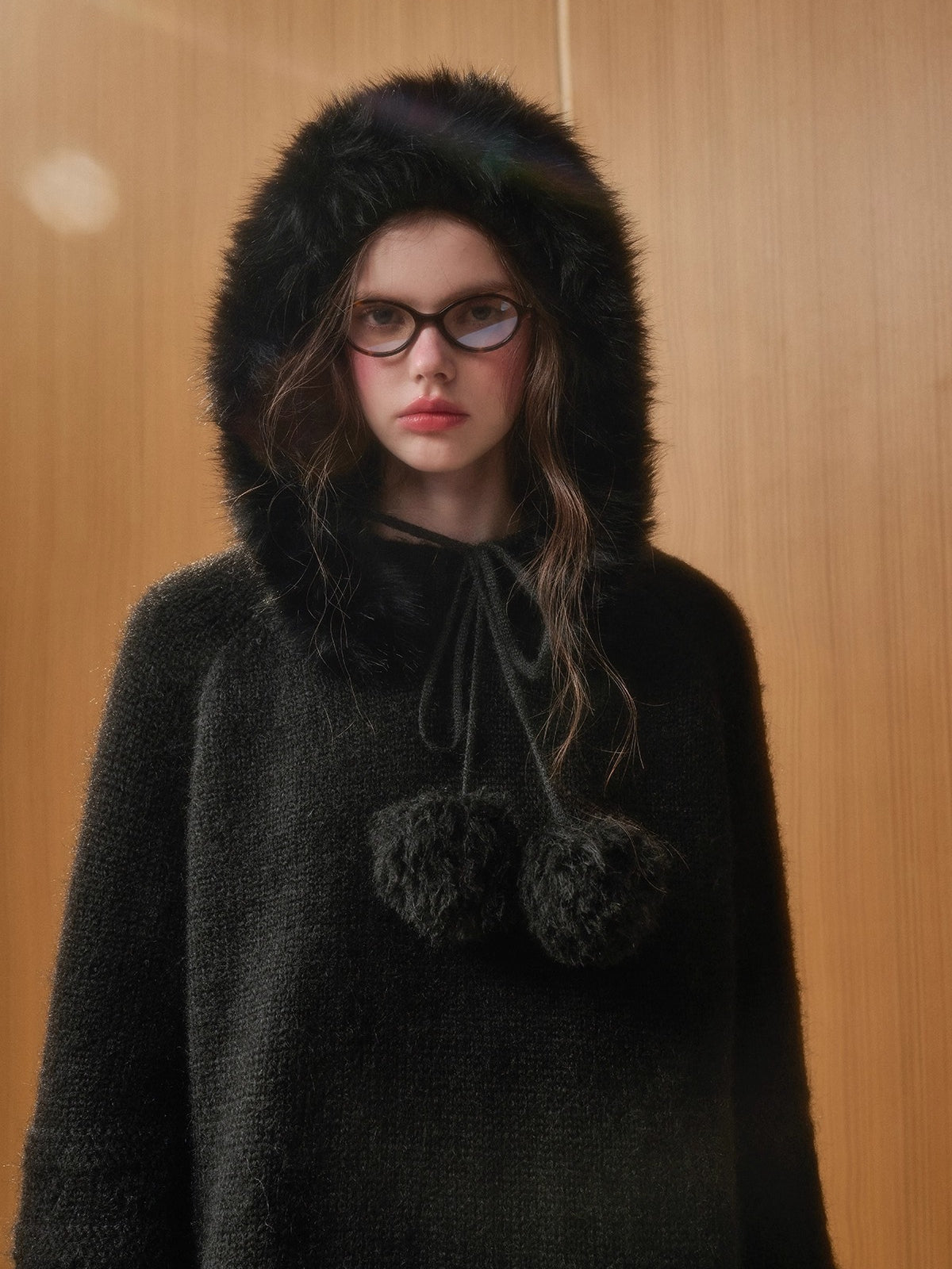 Hooded Faux-Fur Knit Cape Dress