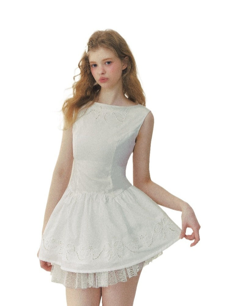 White Embroidered Bow Mini Dress
