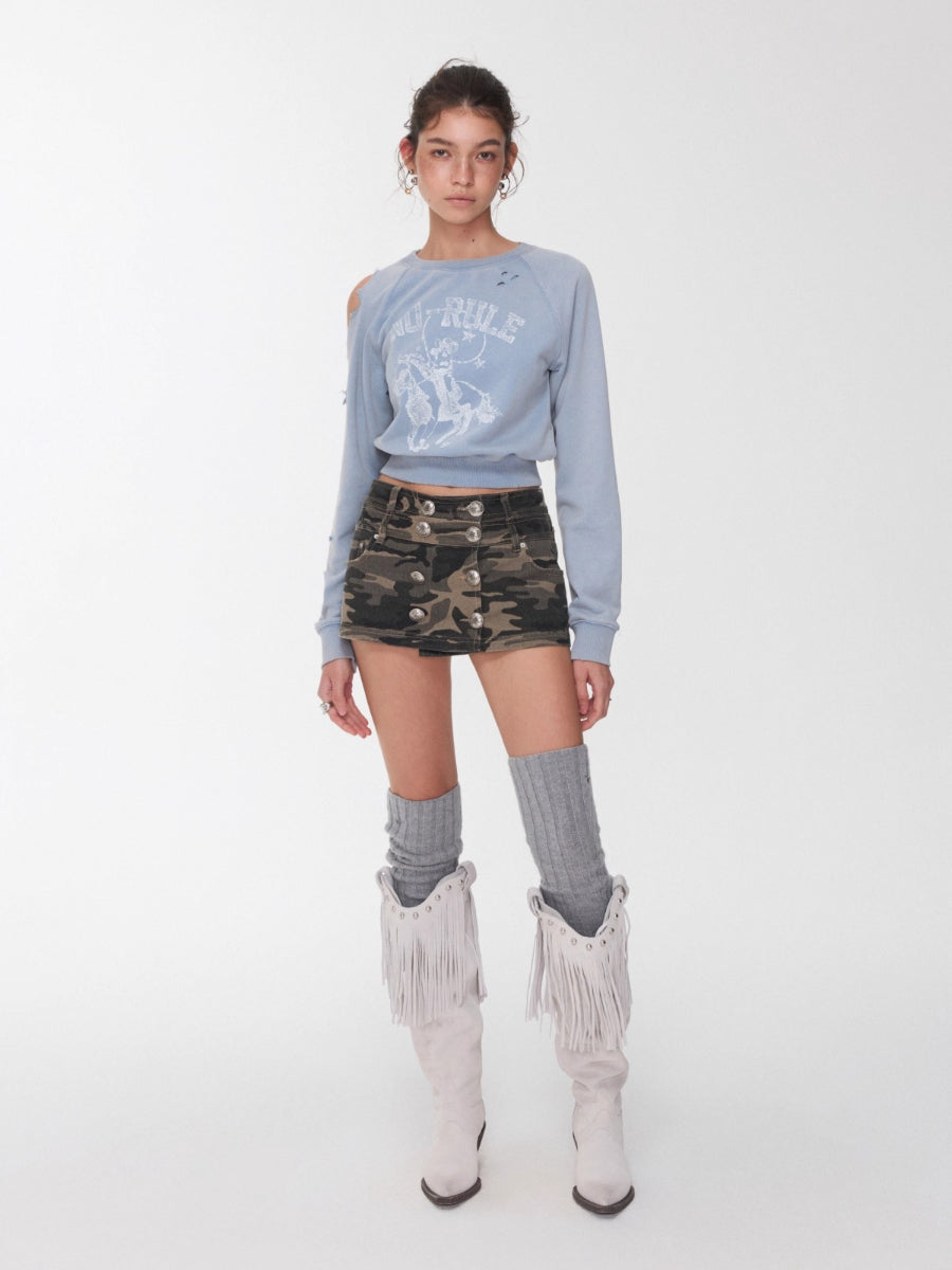 Washed Distressed Knight Cat Graphic Sweatshirt