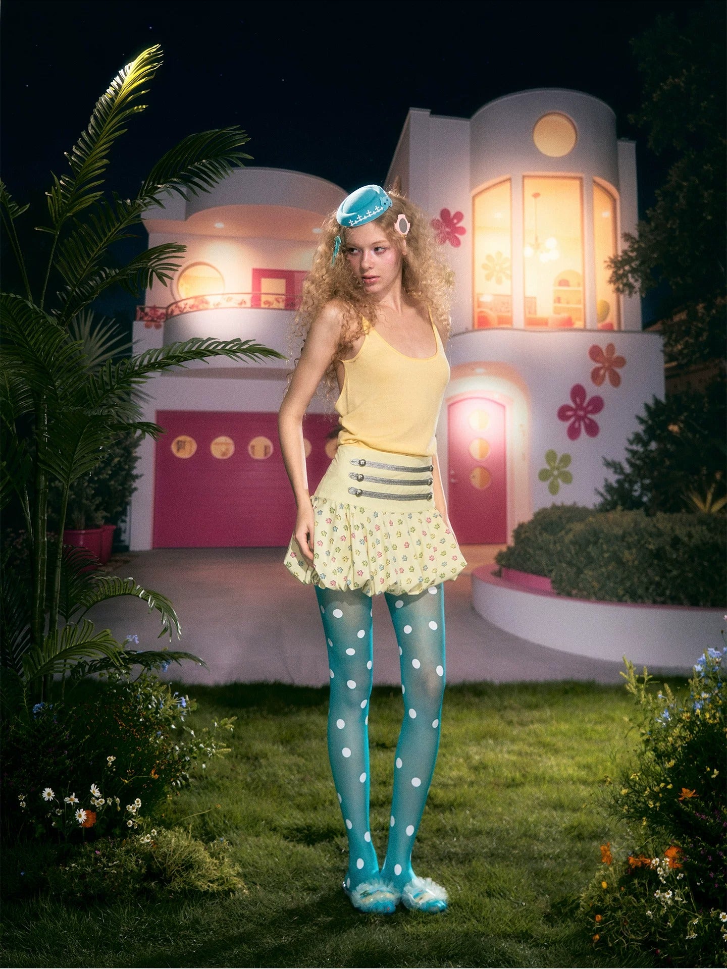 White Cat Print Pleated Skirt