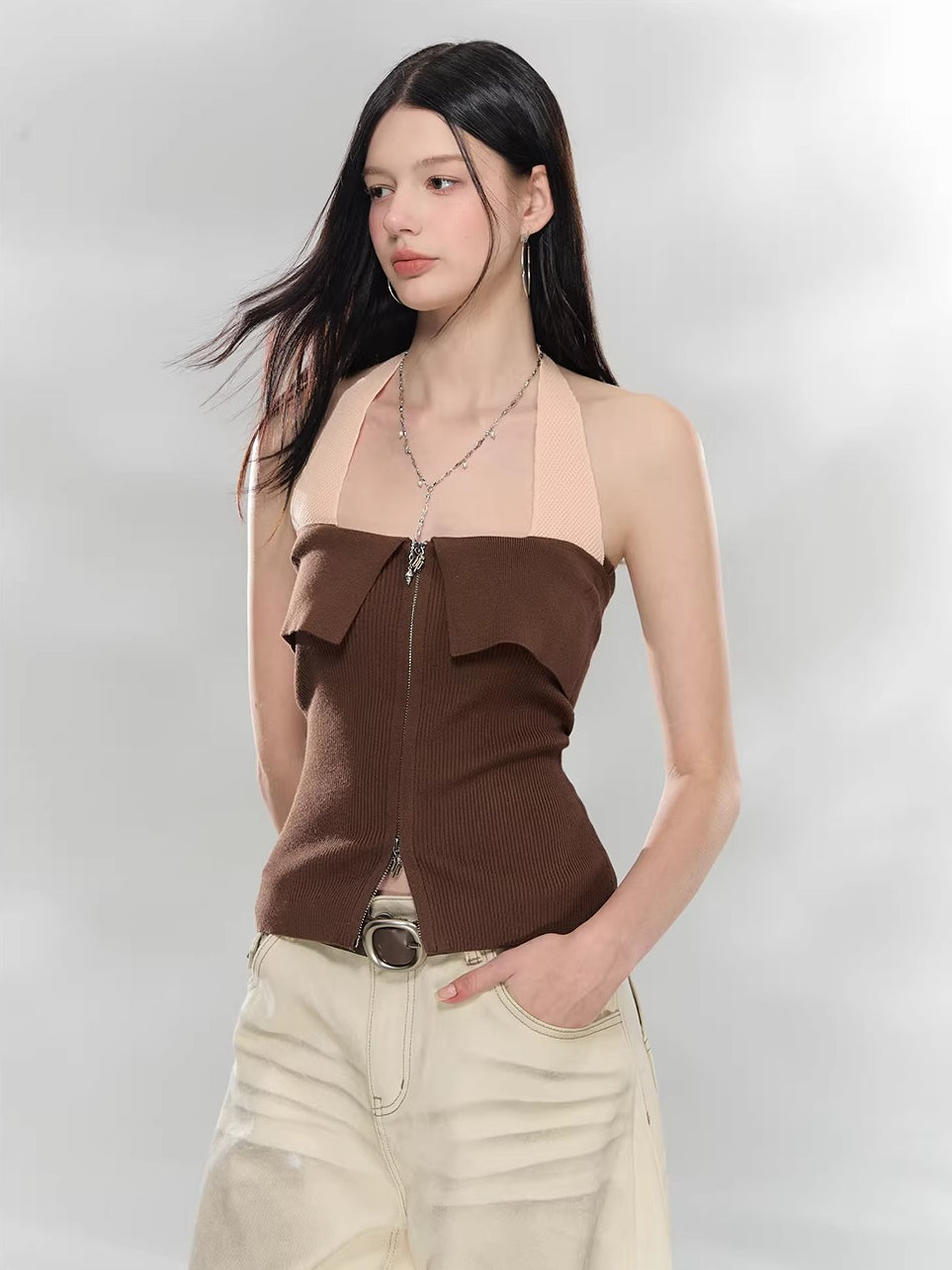 Contrast Zip Halter Top