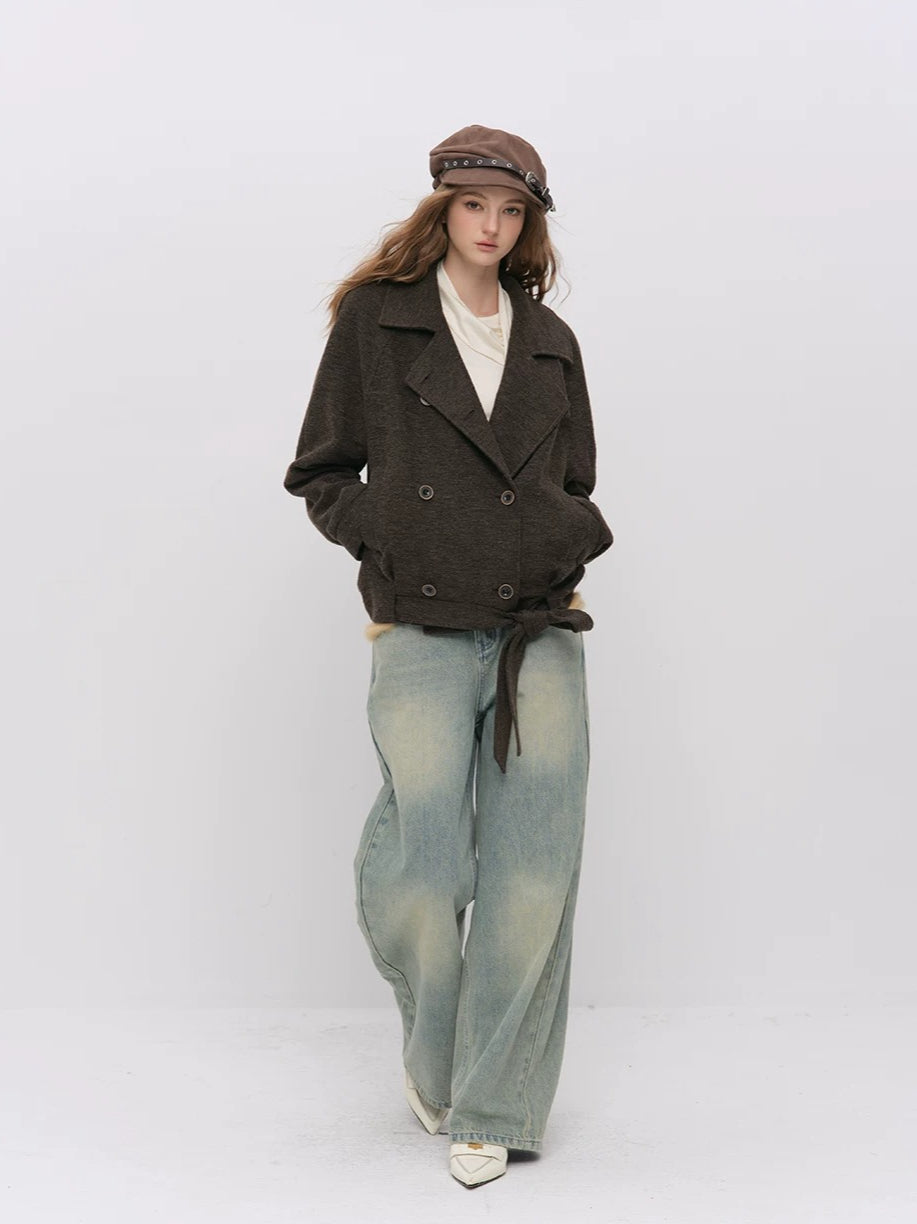 Cropped Wool-Blend Wrap Coat