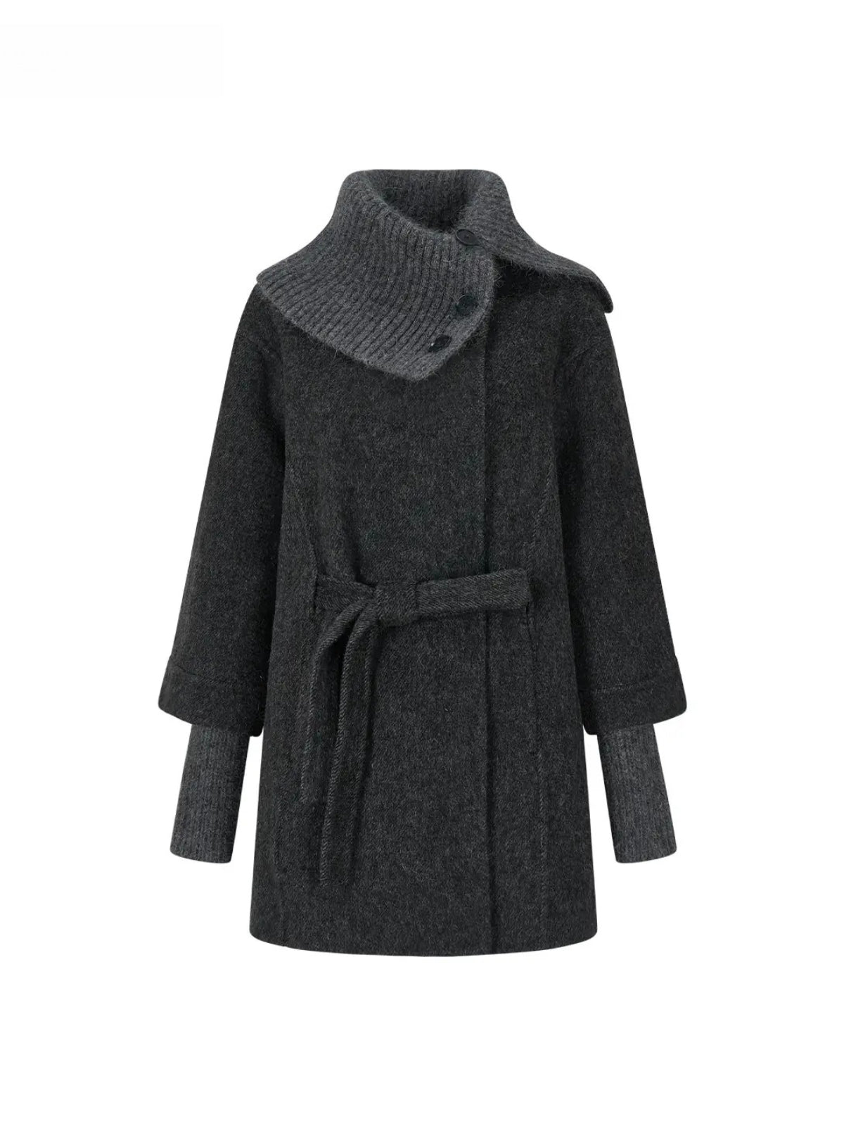 Asymmetric Collar Belted Wool Coat
