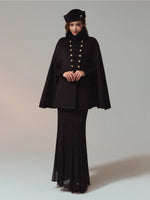 Layered Stand-Collar Double-Breasted Long Cape Coat