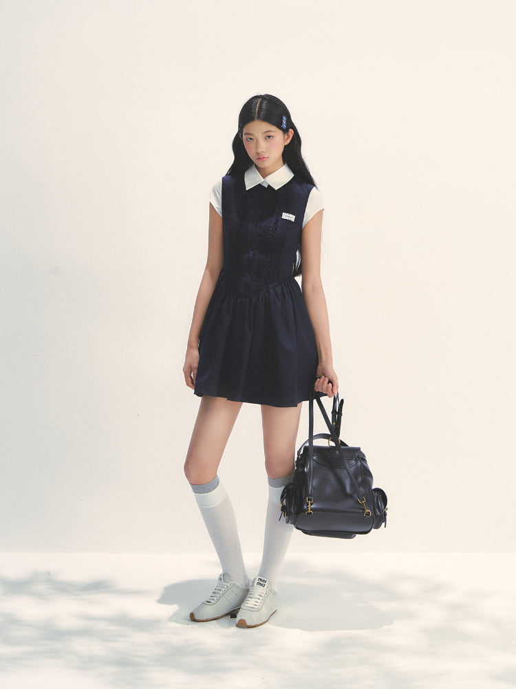 Miu-style Fake Two-piece Navy Blue Dress