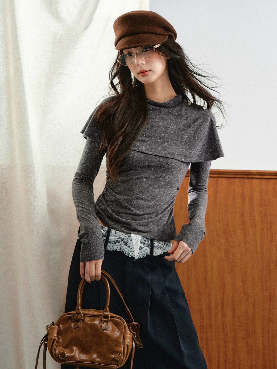 Layered Collar Ruched Knit Top