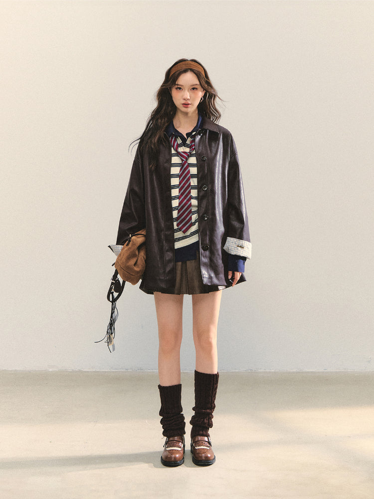 Black H-shaped Cuff Checkered Spliced Leather Jacket