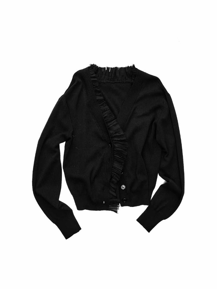Ruffle Trim Ruched Knit Cardigan