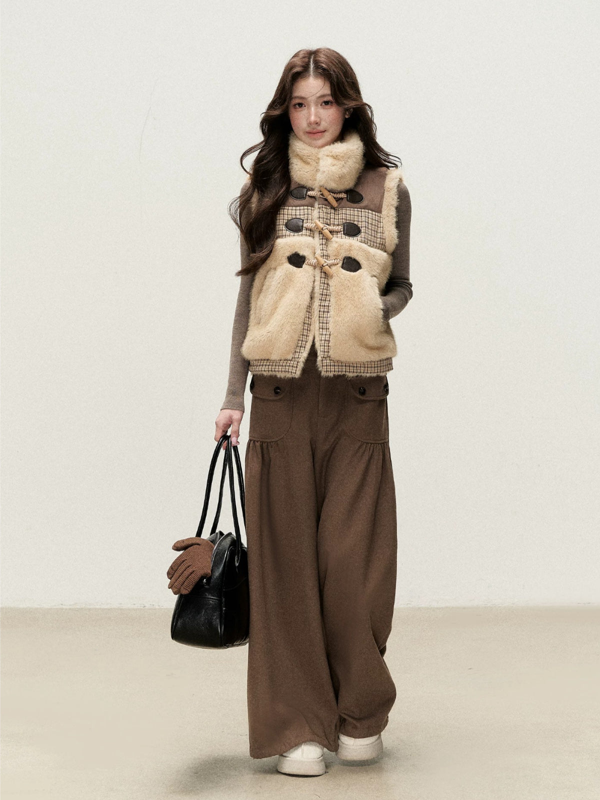 Vintage Brown Pleated Straight-Leg Pants