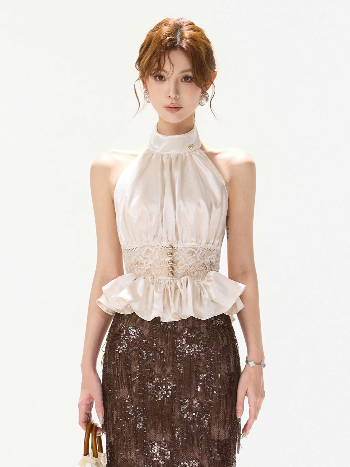 Satin Halter Lace Waist Top