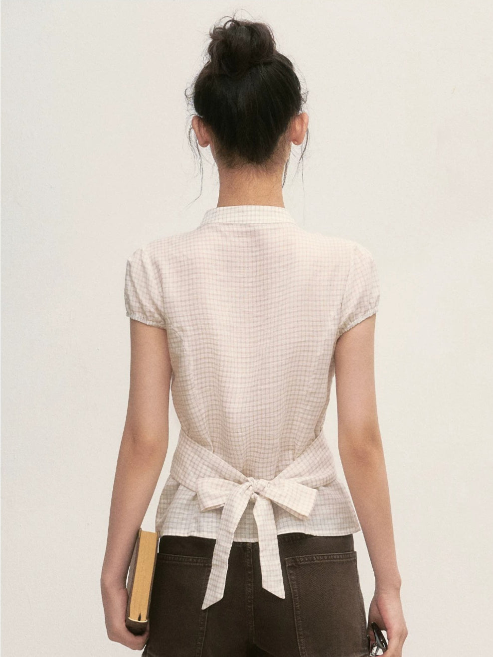 Apricot Plaid Tie-Neck Blouse
