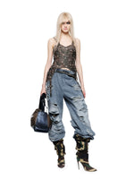 Distressed Patchwork Wide Leg Jeans