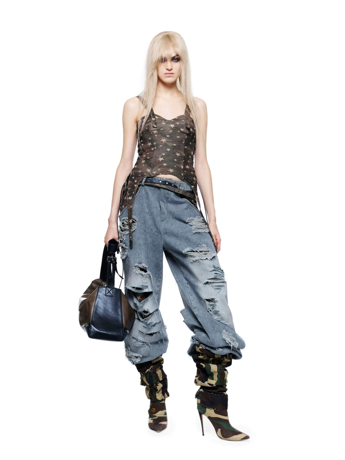 Distressed Patchwork Wide Leg Jeans
