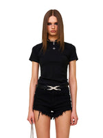 Waist-Cinching Embroidered Round-Neck T-Shirt
