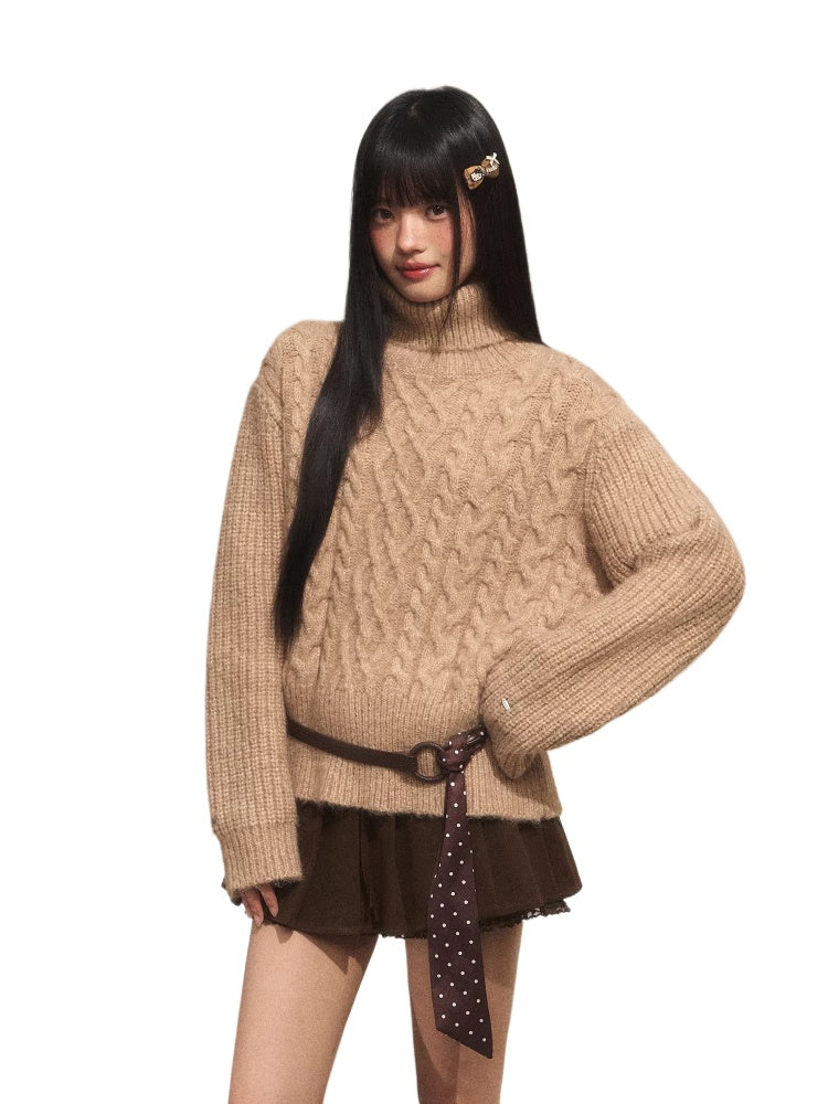High-Neck Cable Knit Sweater