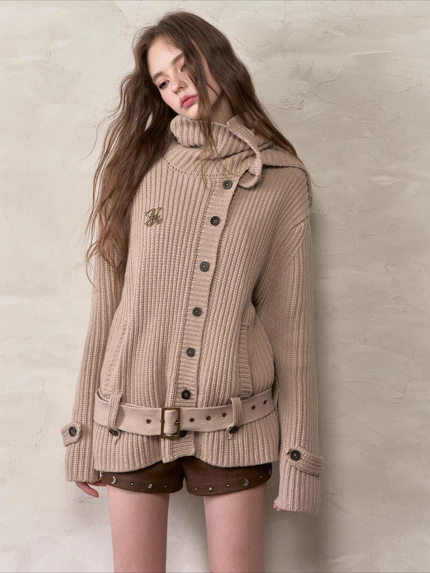 Oatmeal Scarfed Knit Sweater