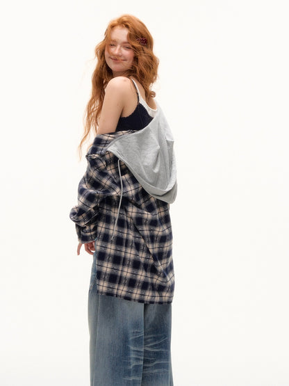 Vintage Plaid Studded Hooded Shirt