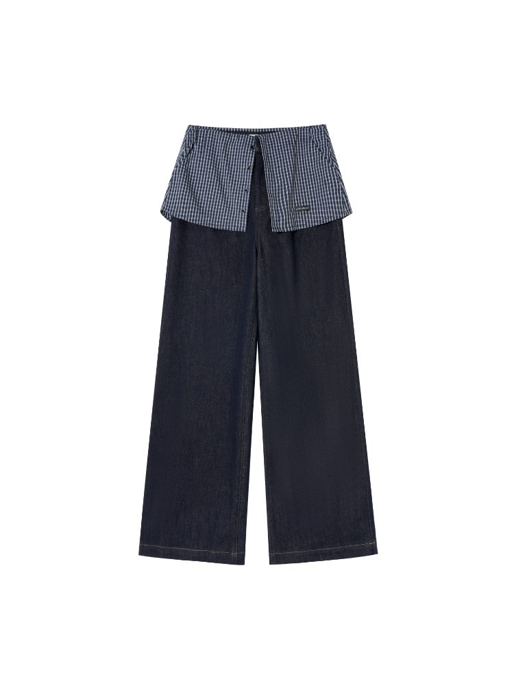 Plaid Patchwork Faux Two-Piece Straight-Leg Jeans