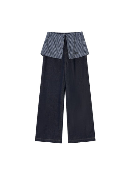 Plaid Patchwork Faux Two-Piece Straight-Leg Jeans