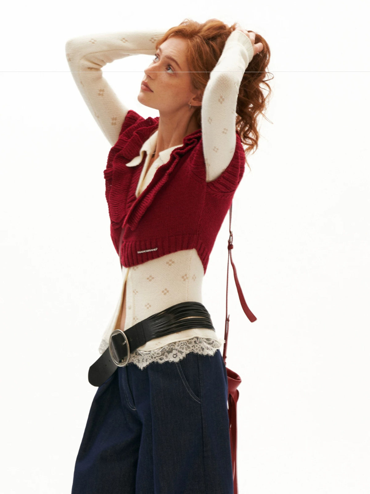 Soft Ruffle Trim V-Neck Cropped Knit Top