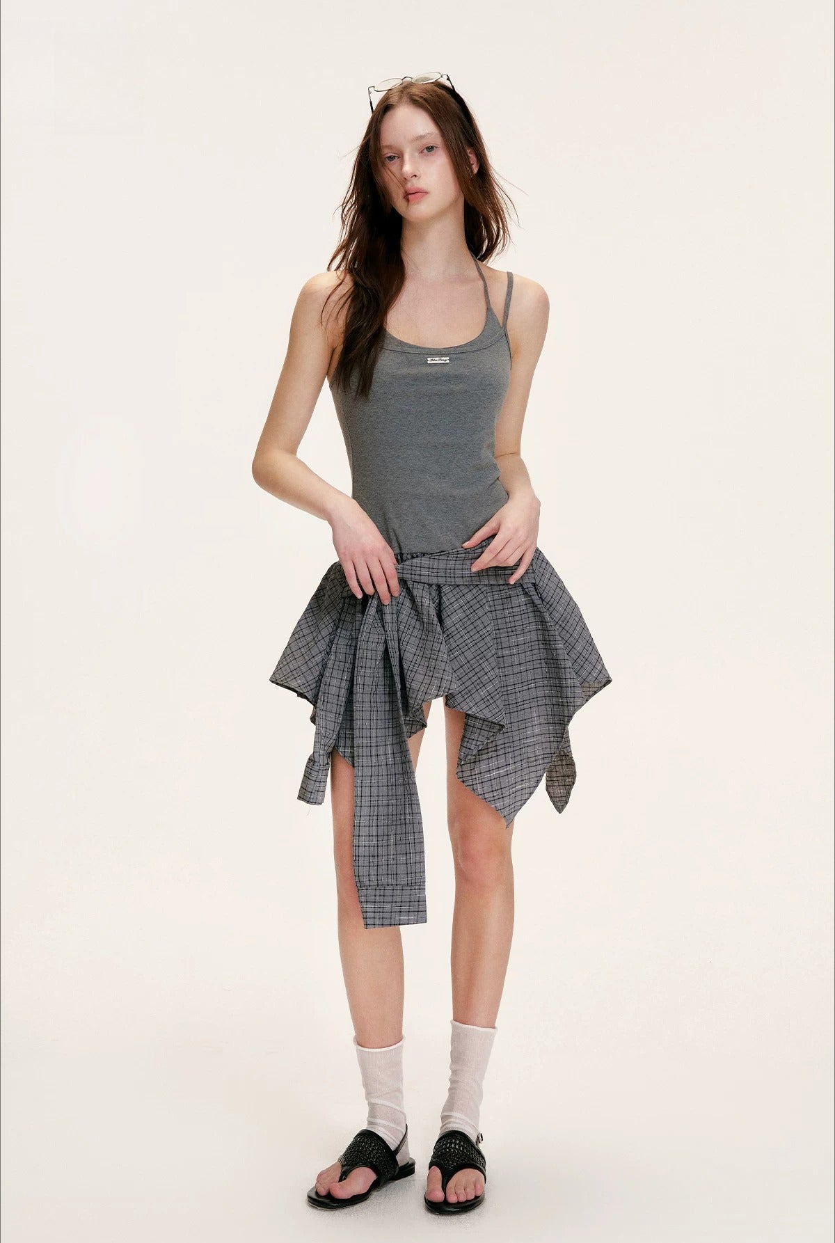 Gray Layered Plaid Halter Dress