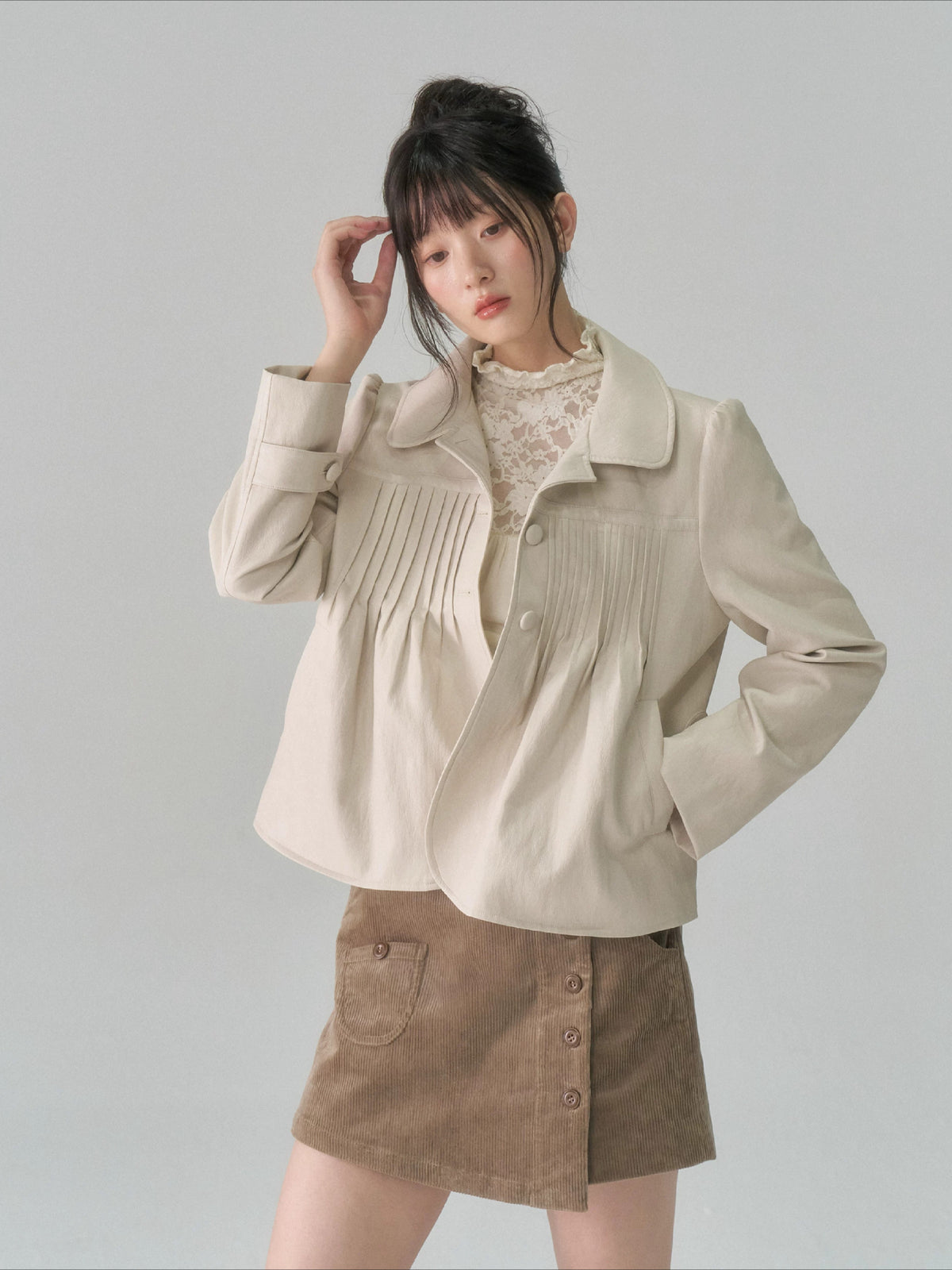 Pleated Curved-Hem Leather Jacket