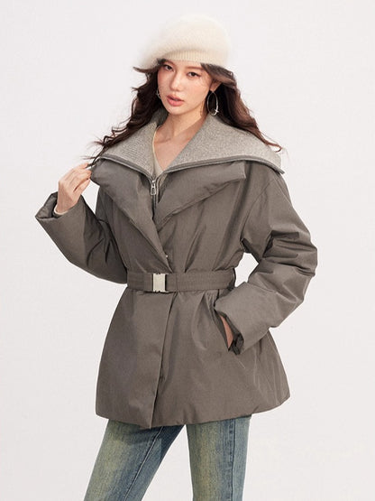 Belted Contrast-Knit Collar Down Coat