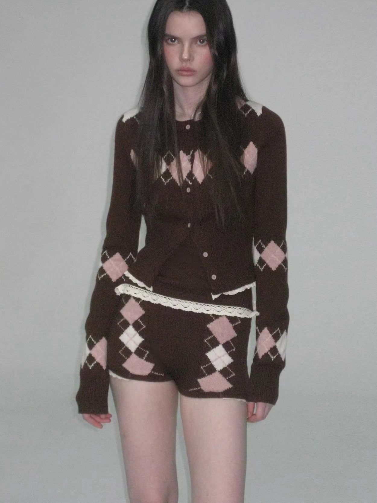 Brown Argyle Knit Set