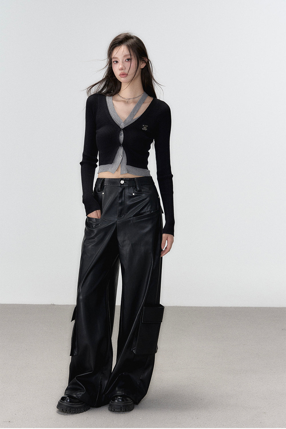 Black Rivet Straight Leather Pants