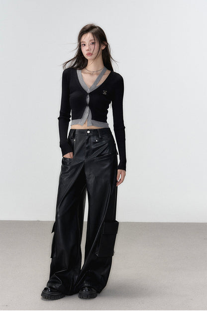 Black Rivet Straight Leather Pants