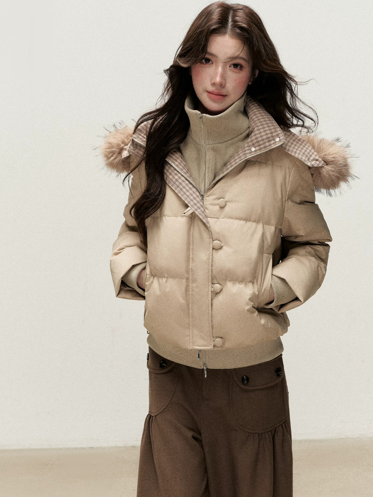 Faux Layered Fur-Trim Hooded Down Jacket