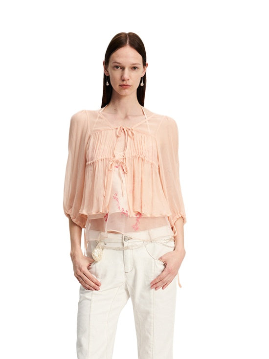 Light Pink Pleated Rayon Tie Cardigan
