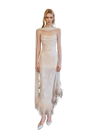 Diamond Sequin Ostrich Feather Strapless Dress