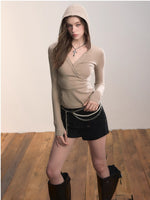 Cross Neck Hooded Slim-Fit Knit Top