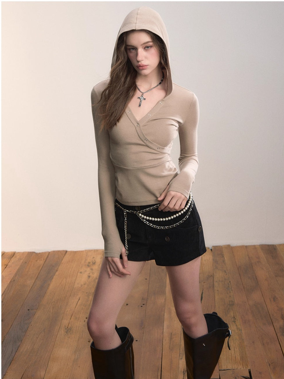 Cross Neck Hooded Slim-Fit Knit Top
