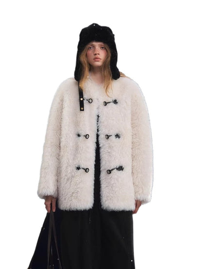White Plush Button Coat