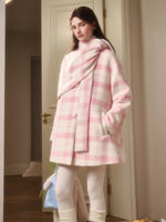 Baby Pink Raspberry Check Wool-Like Cape Coat
