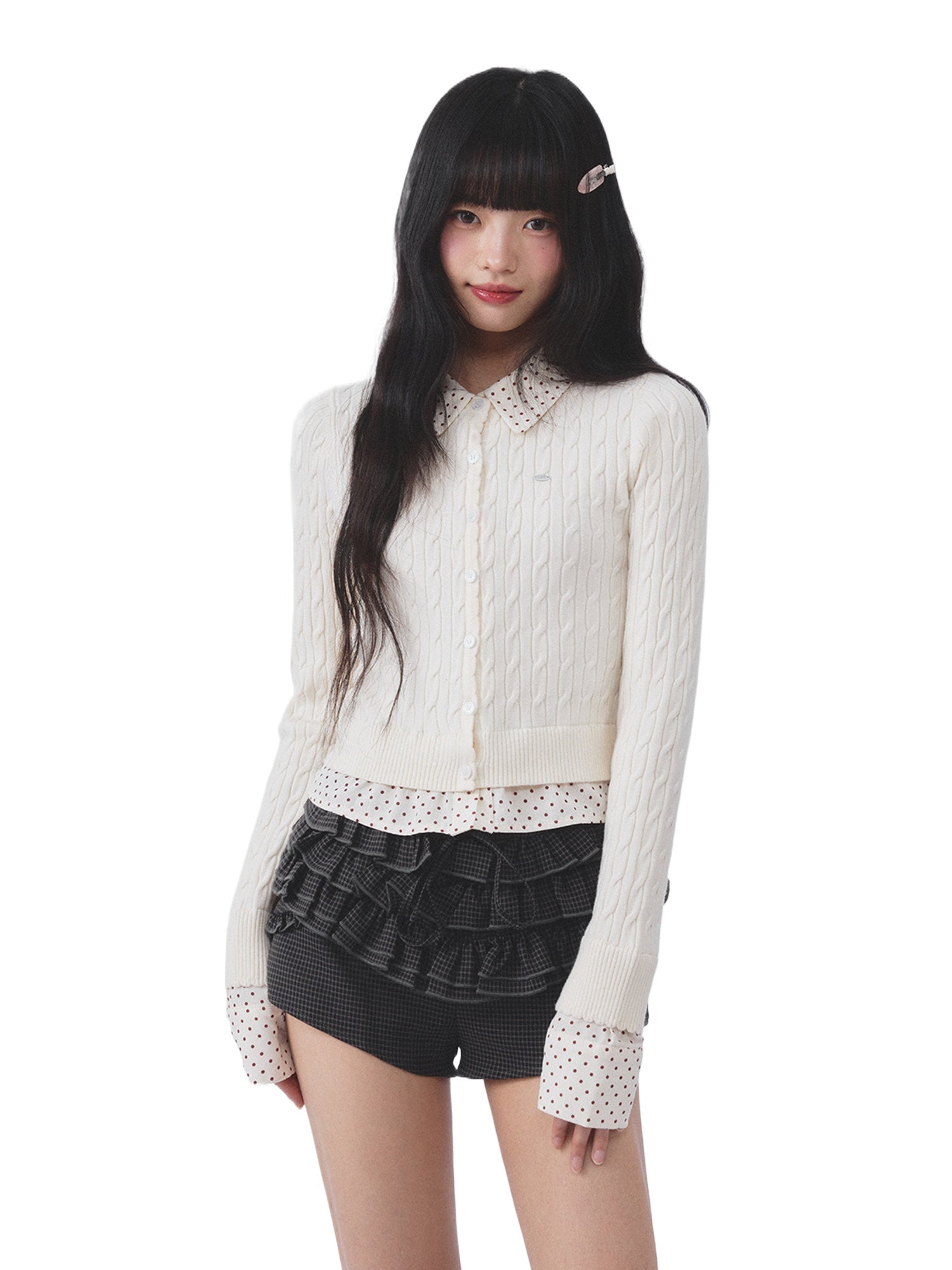 Polka Dot Faux Two-Piece Cardigan