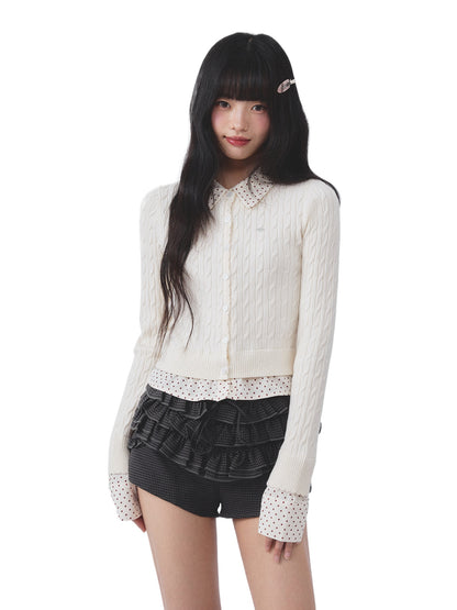 Polka Dot Faux Two-Piece Cardigan