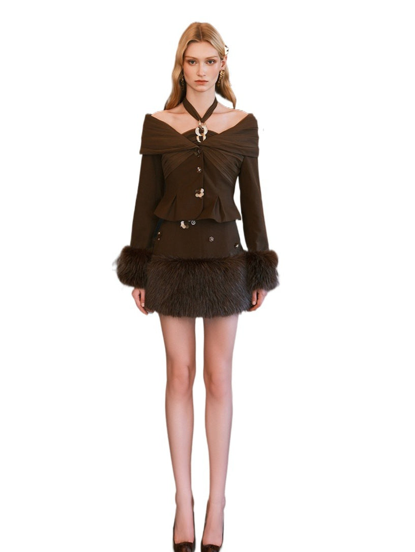 Vixen Faux Fur Halter Floral Dress Set